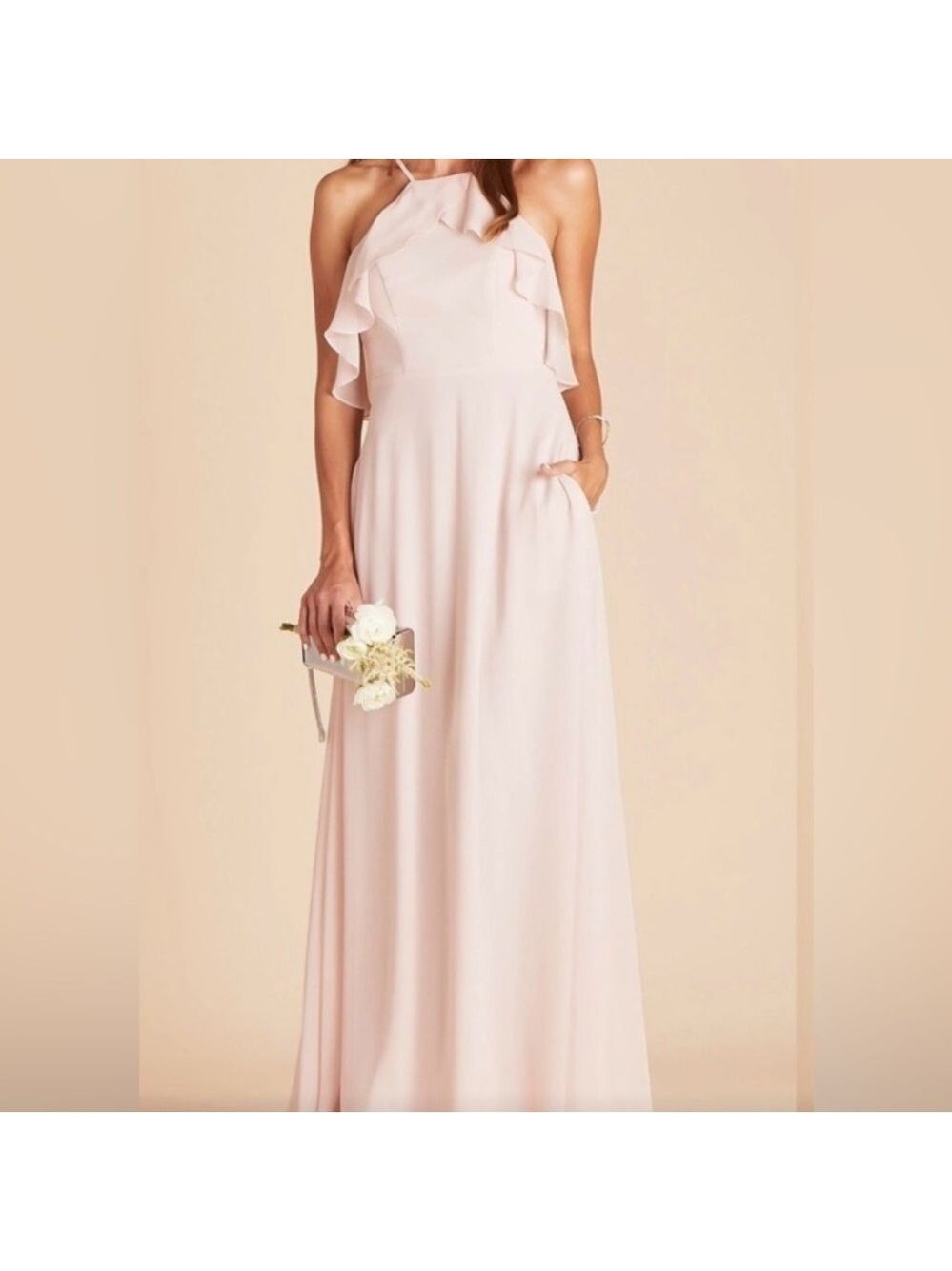 BIRDY GREY Jules Chiffon Pale Blush Bridesmaid Dress Ruffle Halter NWT Size XS